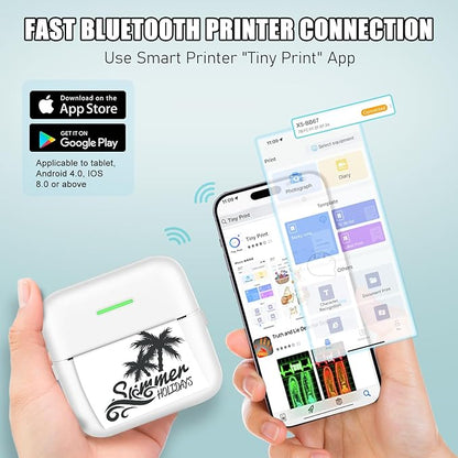Mini Thermal Printer, Inkless Sticker Printer with 10 Rolls Printing Paper for Android or iOS APP, Portable Bluetooth Printer, Mini Pocket Printer for Journal, Notes, Kids Gift, Receipts