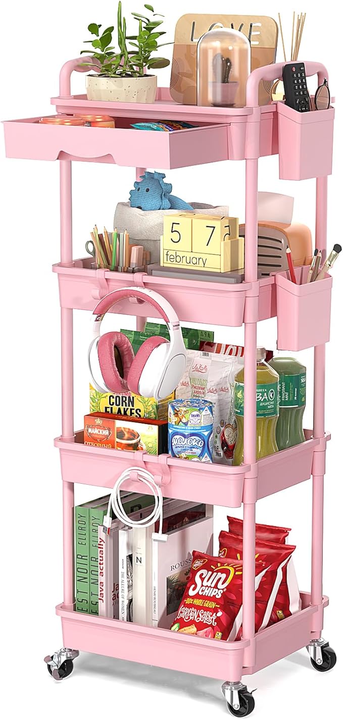 4 Tier Rolling Utility Cart with Drawer, Utility Storage Organizer with Plastic Shelf & Lockable Wheels Multifunctional Storage Cart for Kitchen, Bathroom, Office, Living Room, Pink