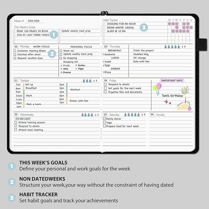 Undated Weekly and Monthly Planner, Cofullsky Weekly To Do List Planner Notebook with Unique Lettering Ribbon A5 Size Personalized Present Suitable for Women Men Teachers Kids (Letter W)