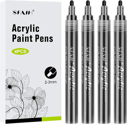 SFAIH Black Paint Markers Paint Pens - 4 Pack 2-3MM Medium Tip Acrylic Markers for Rock Painting, Wood, Metal, Fabric, Plastic, Canvas, Glass, Ceramic, Diy Crafts, Drawing, Tire