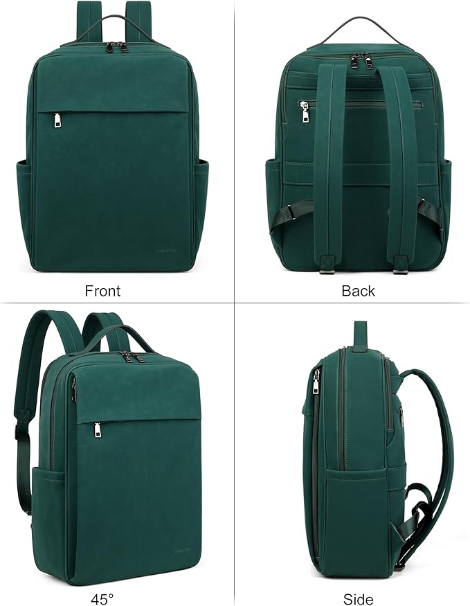 MASINTOR 15.6 inch PU Leather Laptop Backpack Purse for Women, Large College Casual Backpack Travel Bag Retro Green