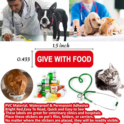 Give with Food-Veterinary Labels/Stickers, 1.5 x 0.43 inch Medication Instruction Labels for Medical Containers Pharmacies Hospitals for Drugstor Management, 500 Labels per roll (Red)