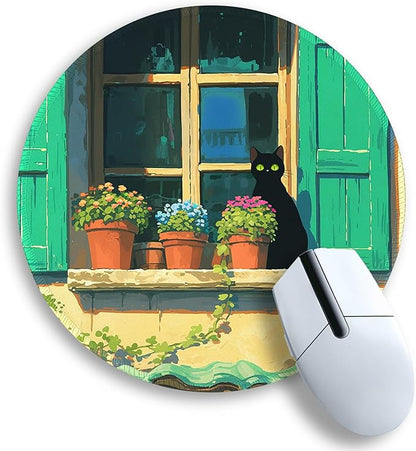 Gctriki Anime Black Cat Mouse Pad, Cute Round Computer Mouse Pads for Desk Laptop Gaming, Stitched Edge Non-Slip Rubber Base, Cute Cat Home Office Desk Accessories Decor for Women