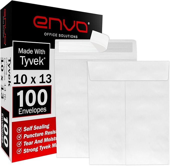 10x13 Envelopes, Tyvek Envelopes, Mailing Envelopes 10x13, Catalog Envelopes, Self Sealing Closure, Tyvek Material, 14 lb., Puncture, Tear & Moisture Resistant, Bulk (100 Pack)
