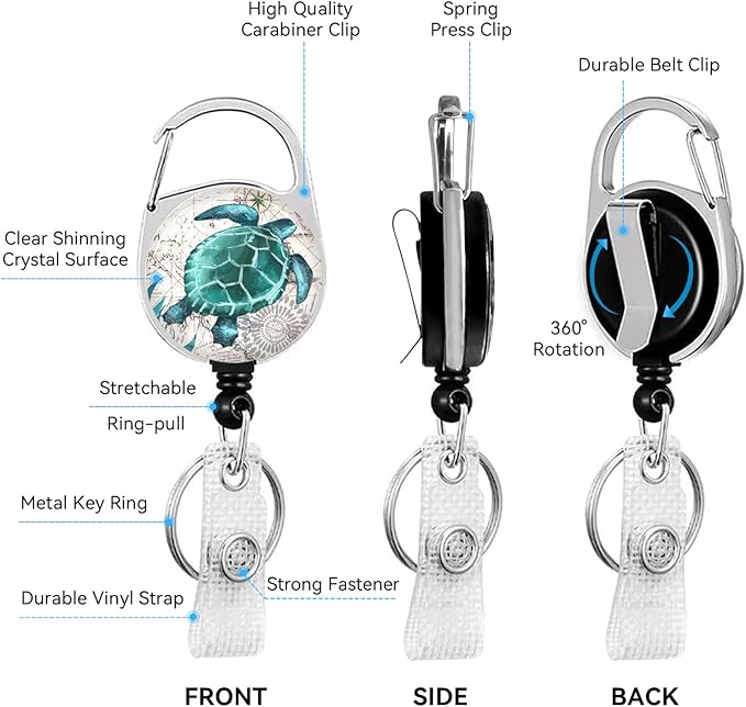 Sea Turtle Badge Holder with Retractable Reel and Breakaway Lanyard，Badge Clips Retractable Heavy Duty Badge Reel，Funny Keychain，ID Holder with Breakaway Lanyard for School Nurse Office Teen