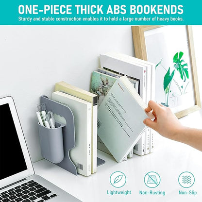 SAYEEC Adjustable Bookends with Pen Holder Expandable Book Ends for Heavy Books Plastic Desk Book Holder Book Stopper Bookcase Magazine Binder Organizer Rack for Shelves Office School Home (Grey)