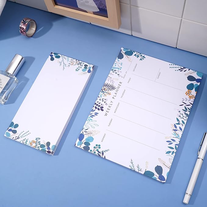Weekly Planner Notepad Tear Off Set of 2 Weekly Calendar Pad 52 Undated To Do List Notepad Sheets Desk Planner Planning Pads Productivity Tracker for Work Goals Notes Schedule Ideas, Floral Blue