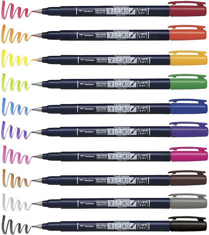 Tombow 56429 Fudenosuke Colors Brush Pens, 10-Pack. Hard Tip Fudenosuke Brush Pens in Assorted Colors for Calligraphy and Art Drawings