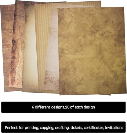 120 Aged Paper - Antique Looking Vintage Papers With Classic Aged Paper Designs - Six Unique Old Looking Paper Designs - Vintage Printing paper, Vintage Writing Paper, 8.5 x 11 inches (Pack of 120)