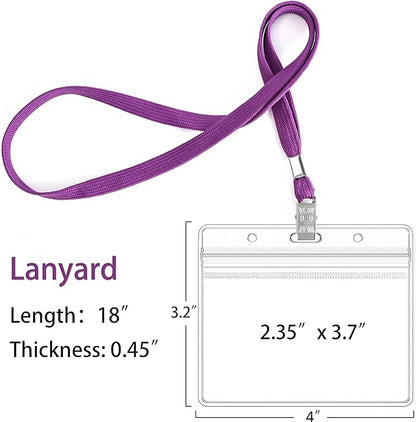 100Pcs Clear Plastic Horizontal Name Tags Badge ID Card Holders and 100Pcs Lanyards with Clip (Purple)