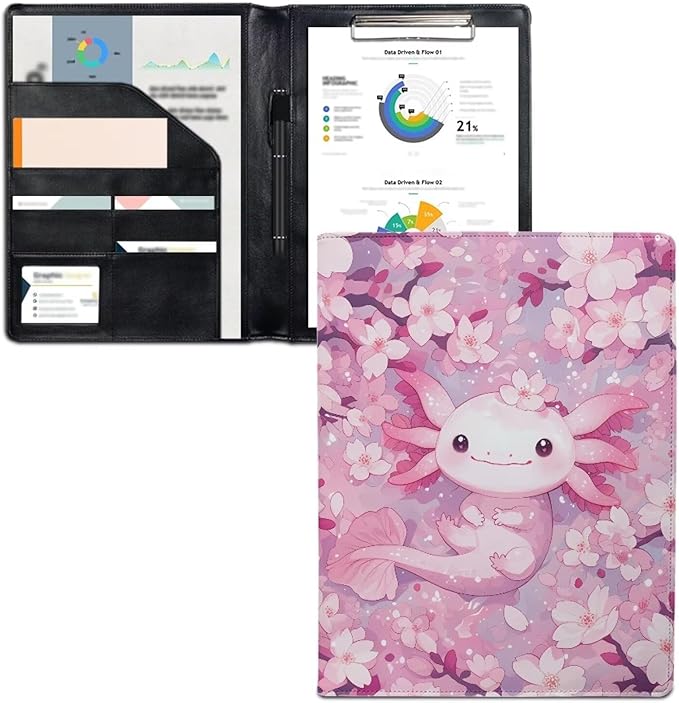 Cozeyat Cherry Blossoms Padfolio Portfolio Folder for Women, Cute Axolotl Folders for School Girls Business Interview Resume Portfolio A4 Size Document Organizer with Clipboard Card Holder