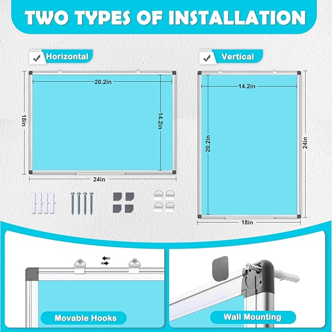 WALGLASS Magnetic Whiteboard 24"x18" Dry Erase White Board for Walls with Pen Tray, Aluminium Frame and Dry-Wipe Writing Surface for Kids' Drawing, Home, and Office (Blue)