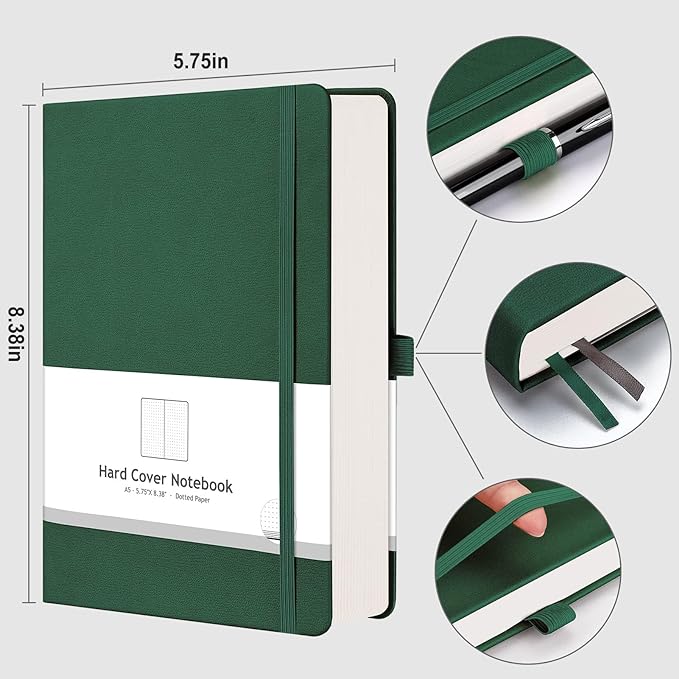 AHGXG Bullet Dotted Journal - 320 Numbered Pages Dot Grid Notebook A5 Thick Journal, 100gsm Thick Dotted Paper, Leather Hardcover,Inner Pocket, 5.75'' × 8.38'' - Green