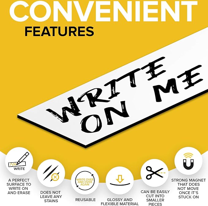 X-bet MAGNET Dry Erase Magnetic Strips - Magnetic Tape Roll - Blank Write On Magnets - Sticky Labels and Stickers - Writable Flexible Magnet Sheet for Whiteboards, Refrigerator and Crafts