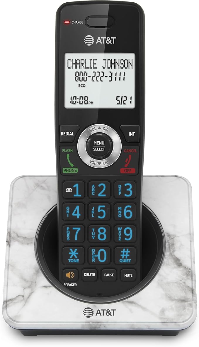 AT&T GL2101-1M DECT 6.0 Cordless Home Phone with Call Block, Caller ID, Full-Duplex Handset Speakerphone, 2" White Backlit Display, Lighted Keypad (Marble)