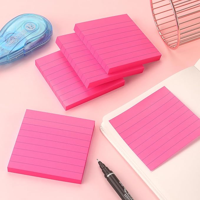 Lined Sticky Notes 3x3 Sticky Notes with Lines Self-Stick Notes Bright Color 4 Pads 90 Sheets/Pad (Rose Red)