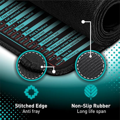 Windows, Office, Excel, Adobe Photoshop Shortcut Keys Extended Large Mouse Pad | Gaming Desk Mat for PC. Stitched Edge Non-Slip Base Mousepad, Keyboard Mat