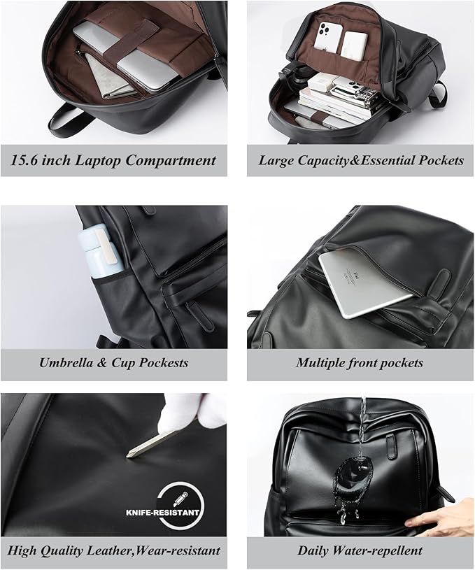 Black Leather Backpack, Large Capacity Carry On Back Pack Fits 15.6'' Laptop, Water-Resistant Overnight Rucksack for Travel Hiking Business Work PU Backpack