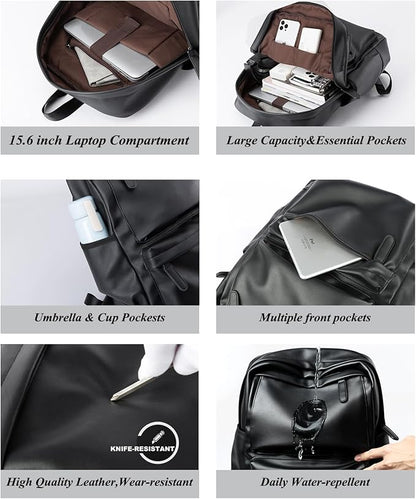 Black Leather Backpack, Large Capacity Carry On Back Pack Fits 15.6'' Laptop, Water-Resistant Overnight Rucksack for Travel Hiking Business Work PU Backpack