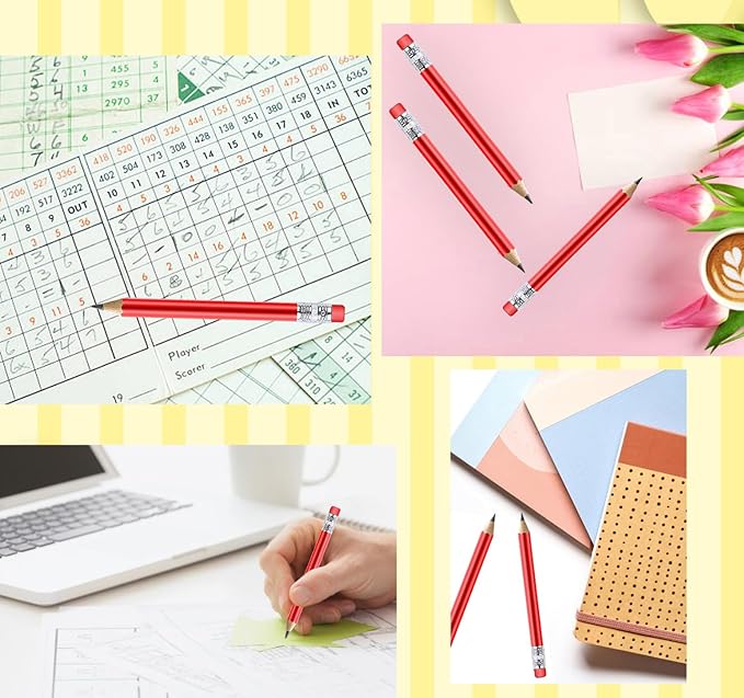 Adhere 25pcs Golf Pencils with eraser Hexagon Wooden Pencils Graphite 2B for Golf Event Scoring,Classroom,Wedding,Company Meetings,Pew, Pocket (z-Red・Round ・50pcs)