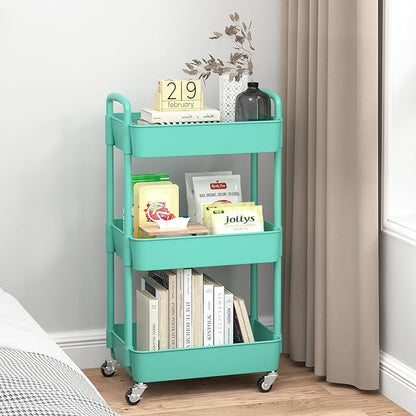 Sywhitta 3-Tier Plastic Rolling Utility Cart with Handle, Multi-Functional Storage Trolley for Office, Living Room, Kitchen, Movable Storage Organizer with Wheels, Green