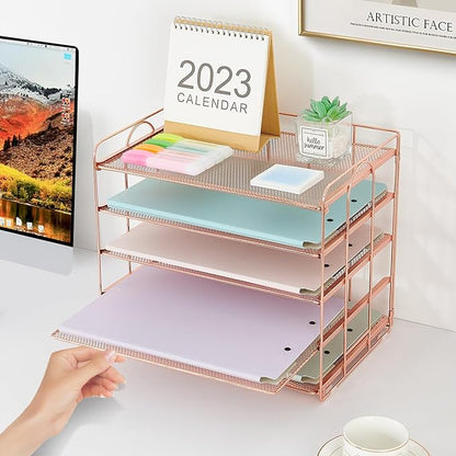 5 Tier Mesh Paper Letter Tray Organizer, Desktop Office Supplies Organizer for Desk, Desk Organizers and Accessories (Rose Gold)