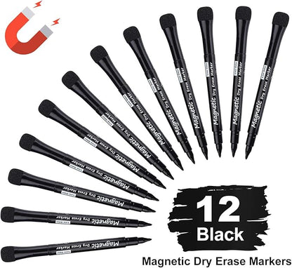 Magnetic Dry Erase Markers - Fine Tip, Black Color, 12 Pack, Low Odor Whiteboard Markers for Kids & School, Work On White board & Calendar, Refrigerator