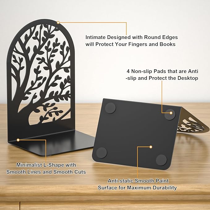 VFINE Bookends 3 Pairs, Decorative Book End, Bookends for Shelves, Book Ends for Shelves, Book Stopper Book Ends to Hold Books, Book Stopper, Unique Black Metal Tree Book Ends for Home School Office