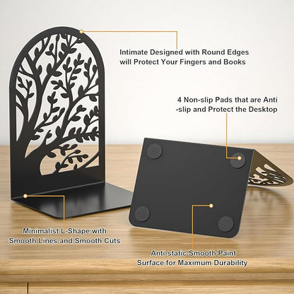 VFINE Bookends 3 Pairs, Decorative Book End, Bookends for Shelves, Book Ends for Shelves, Book Stopper Book Ends to Hold Books, Book Stopper, Unique Black Metal Tree Book Ends for Home School Office