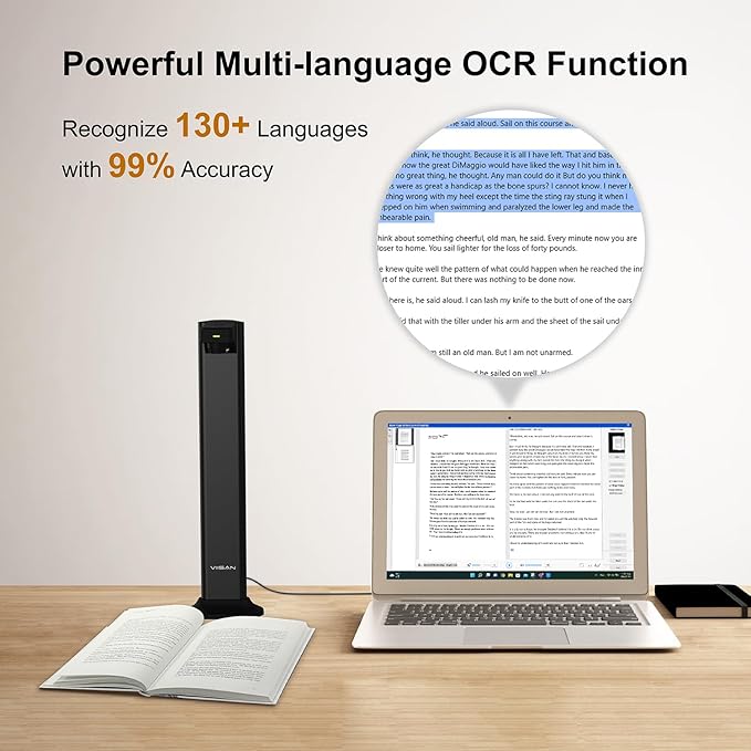 VIISAN DL24 Innovative Book Scanner, 24MP Document Camera with Asymmetrical Lighting Tech, A3 Document Scanner, OCR Auto-Flatten & Deskew, Text-to-Speech, for Desktop/Laptop, Works with Windows/MacOS