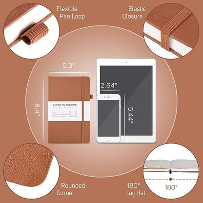 MALEDEN 7 Pack Lined Journal Notebook, Hardcover PU Leather Notebook for Men Women, 100 GSM Thick Numbered Pages with Index Content, Inner Pockets, Bookmarks, A5 Ruled Writing Journal Bulk (Brown)