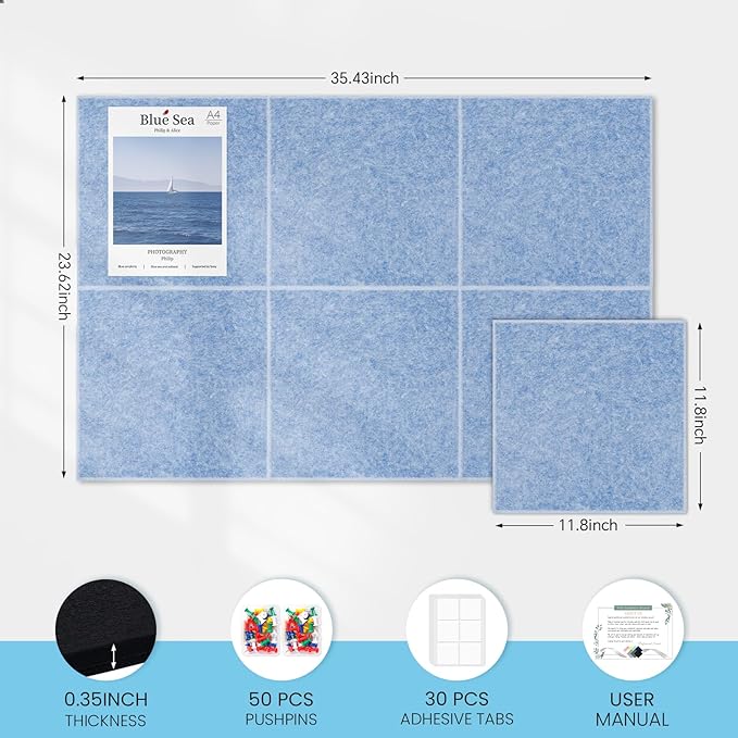 Large Cork Bulletin Board for Wall 36"x24", 6 Pack Felt Wall Tiles with 50 Pushpins, 30 Safe Removable Adhesive Tabs, Decorative Pin Board Tack Board for Office Home School, Light Blue