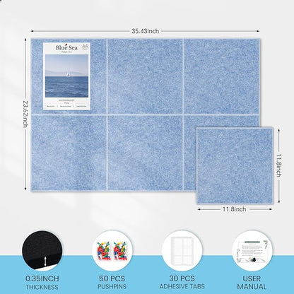 Large Cork Bulletin Board for Wall 36"x24", 6 Pack Felt Wall Tiles with 50 Pushpins, 30 Safe Removable Adhesive Tabs, Decorative Pin Board Tack Board for Office Home School, Light Blue