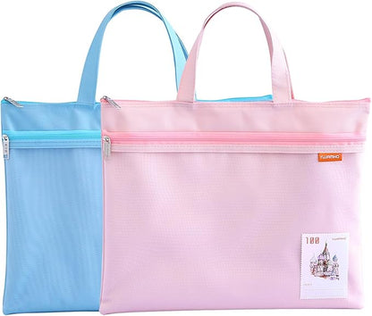 pendancy Mesh Zipper Pouch 11x13.7 in, 2 pcs Large Double Pocket Waterproof File Bag with Handle, A4 Size Foldable Document Storage for Puzzle Project/Cross Stitch/Travel/Office（Blue Pink）
