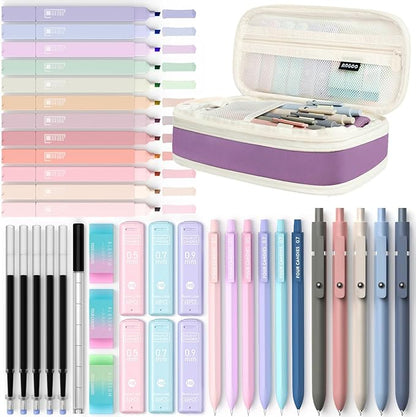 Four Candies 39 PCS Aesthetic School Supplies with Cute Pen Case, 12 Pastel Highlighters, 5 Black Ink Gel Pens, 6 Mechanical Pencils Set 0.5 & 0.7mm for Students Stationary College Essentials (Purple)
