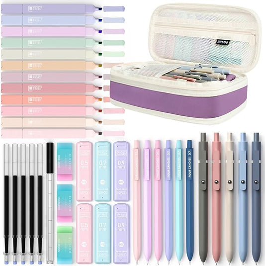 Four Candies 39 PCS Aesthetic School Supplies with Cute Pen Case, 12 Pastel Highlighters, 5 Black Ink Gel Pens, 6 Mechanical Pencils Set 0.5 & 0.7mm for Students Stationary College Essentials (Purple)