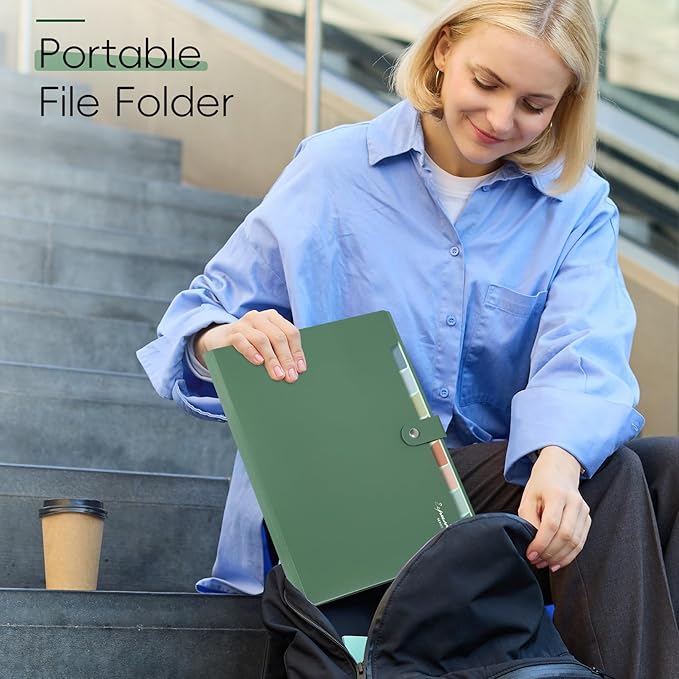Sooez Elegant Accordion File Organizer with Labels, 8 Pocket Expanding File Folder, Portable Folders for Documents, Cute Paper Organizer for School Office Supplies, Letter Size, Dark Green