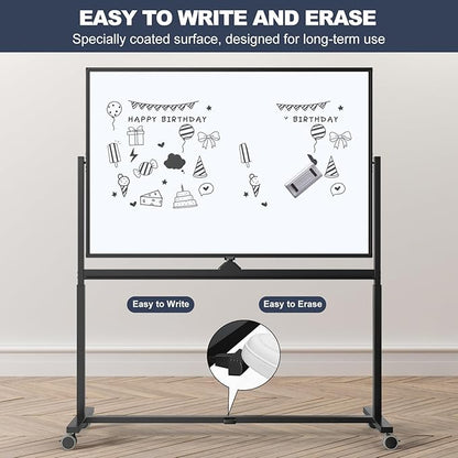 Rolling Whiteboard, 48 x 32 Inches Magnetic White Board with Stand, Double-Sided Large Standing Dry Erase Board on Wheels, Height-Adjustable Mobile Dry Erase Board for Office, Home, Classroom