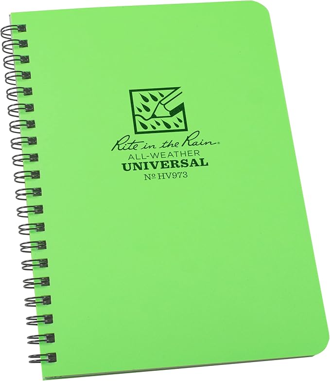 Rite in the Rain Weatherproof Side Spiral Notebook, 4.625" x 7", Hi Vis Green Cover, Universal Pattern (No. HV973)