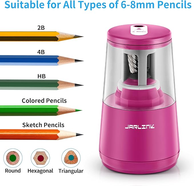 JARLINK Electric Pencil Sharpener, Heavy-Duty Helical Blade to Fast Sharpen, Auto Stop for No.2/Colored Pencils(6-8mm), USB/Battery Operated in School Classroom/Office/Home (Purple)
