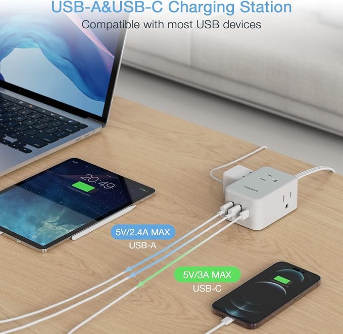 Small Flat Plug Power Strip, TESSAN Ultra Thin Extension Cord with 3 USB Wall Charger (1 USB C), 3 Outlets Mini Charging Station, 5 ft Slim Plug for Cruise Travel Office School Dorm Room Essentials