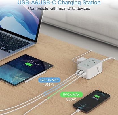 Small Flat Plug Power Strip, TESSAN Ultra Thin Extension Cord with 3 USB Wall Charger (1 USB C), 3 Outlets Mini Charging Station, 5 ft Slim Plug for Cruise Travel Office School Dorm Room Essentials