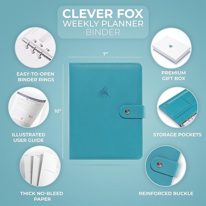 Clever Fox Weekly Planner Binder – Goal Setting Planner for Time Management & Weekly Tasks – Work & Life Organizer with to Do List & Habit Tracker – Undated, 7″ x 9″ Hardcover (Turquoise)
