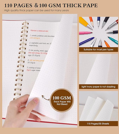 Dotted Notebook, Spiral Notebook Journal 8.5” x 11”, A4 Large Dot Grid Notebooks for Women Men, 100 GSM Dotted Paper, Plastic Hardcover Spiral Bullet Dotted Journals for Work School Sketching, Red