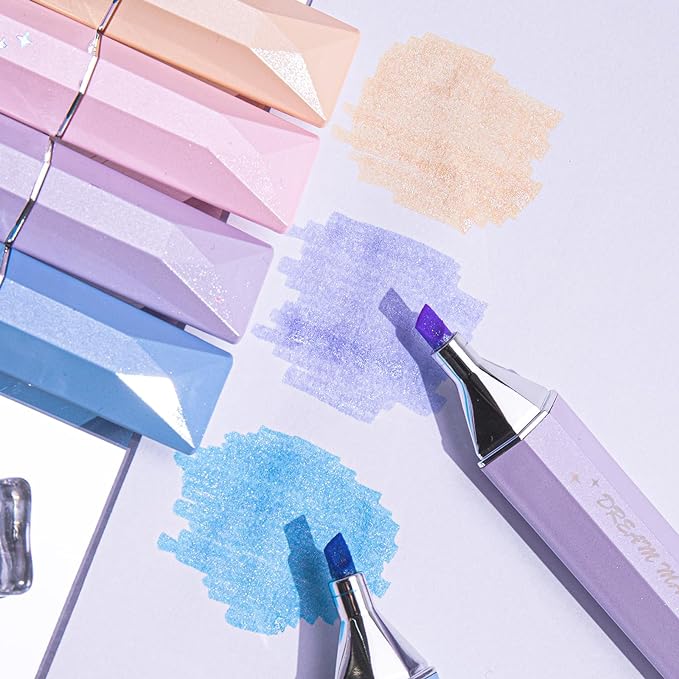 COLNK Glitter Pastel Highlighter,Set of 6 Pcs Cute Aesthetic Highlighters Assorted Colors,Chisel Tip,Metallic Highlighters for Journal Planner, Highlighting, Note-taking,Glitter Ink B