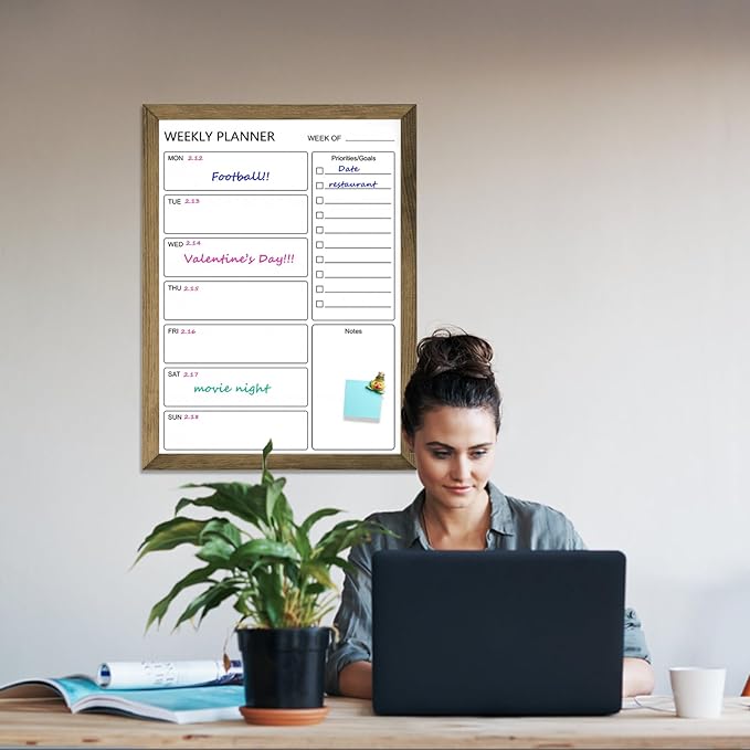 Dry Erase White Board Weekly Calendar Board, Magnetic Whiteboard for Wall,18“x24 Solid Wood Rustic Brown Framed Message Board, Planner Board for Office, Home, School(Weekly-BB-RB-4560)