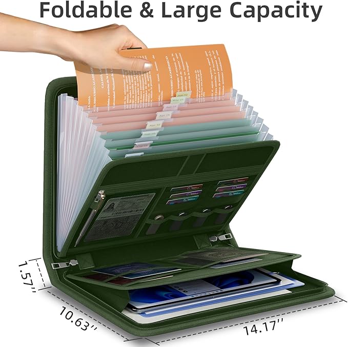 Fireproof Accordion File Organizer, Portable Expanding File Folder with Waterproof Zipper&Labels, Green Document Organizer with 13 Pockets, File Organizer for Important Document/Paper Storage