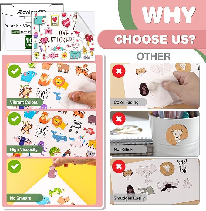 100 PCS Printable Vinyl Sticker Paper for inkjet printer & Laser Printer,Standard Letter Size 8.5"x11",Waterproof Sticker Paper Dries Quickly Vivid Colors,Matte White