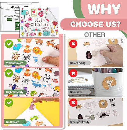 100 PCS Printable Vinyl Sticker Paper for inkjet printer & Laser Printer,Standard Letter Size 8.5"x11",Waterproof Sticker Paper Dries Quickly Vivid Colors,Matte White