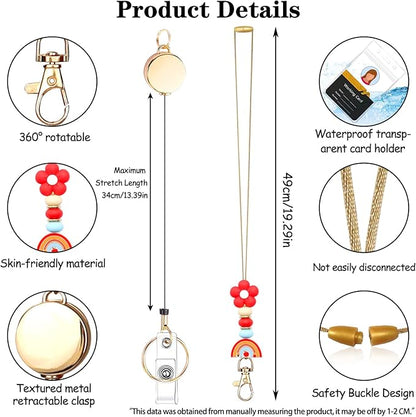 Colorful ID Badge Holder with Silicone Beads Lanyard Set,Cute Teacher Breakaway Lanyard for Keys & Keychain with Cute Retractable Badge Reel Holder,Gift for Women,Nurse, Teacher. (Rainbow 1)